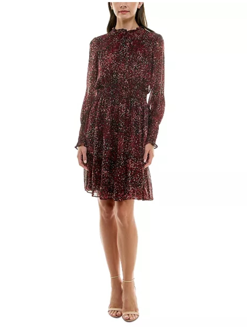 Just Taylor Burgundy Floral Long-Sleeve Ruffle Mock-Neck Chiffon Dress Size 4